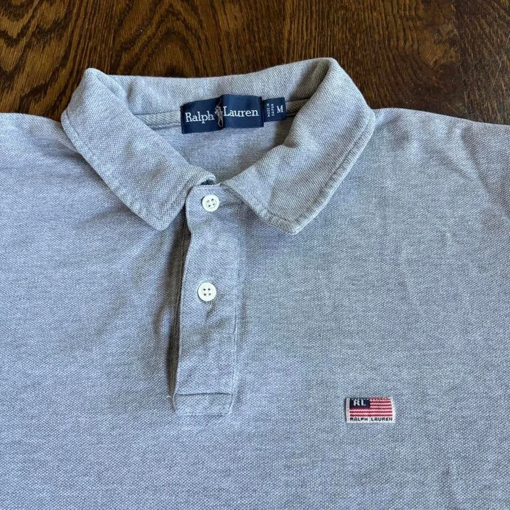 Vintage 90s Ralph Lauren Grey Heavyweight Preppy USA Flag Patch Polo Shirt M